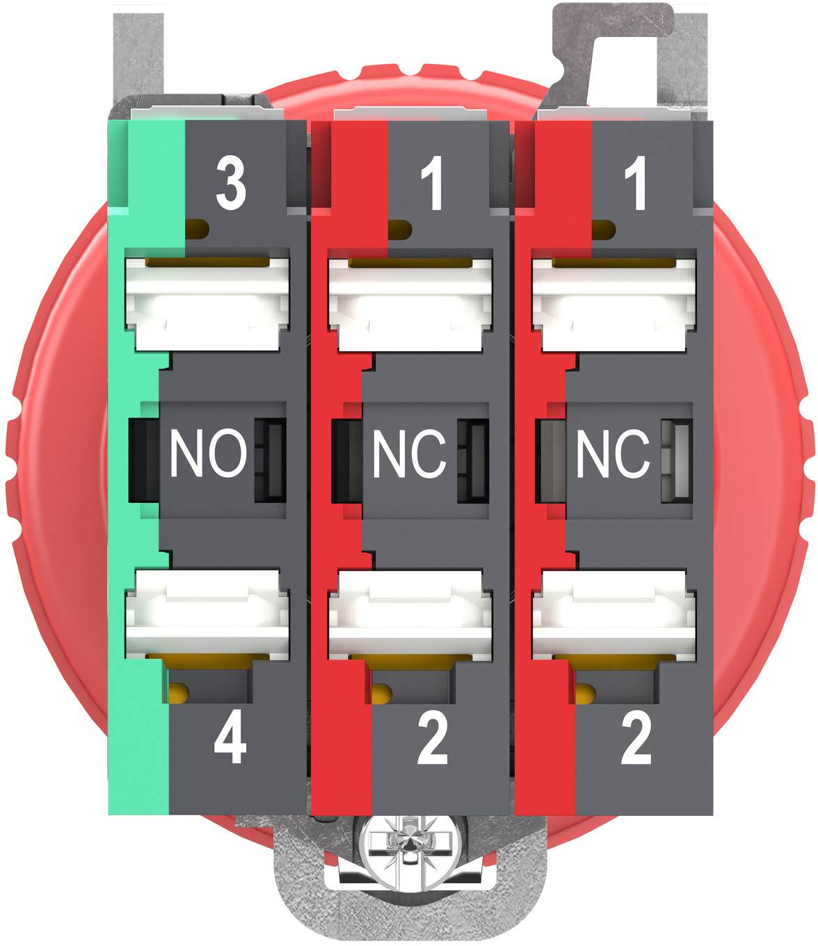 Nahaufnahme eines dreimoduligen elektrischen Schaltkontaktblocks mit der Bezeichnung 3, 1, 1 und Anschlüssen NO, NC und NC auf einer roten kreisförmigen Basis.