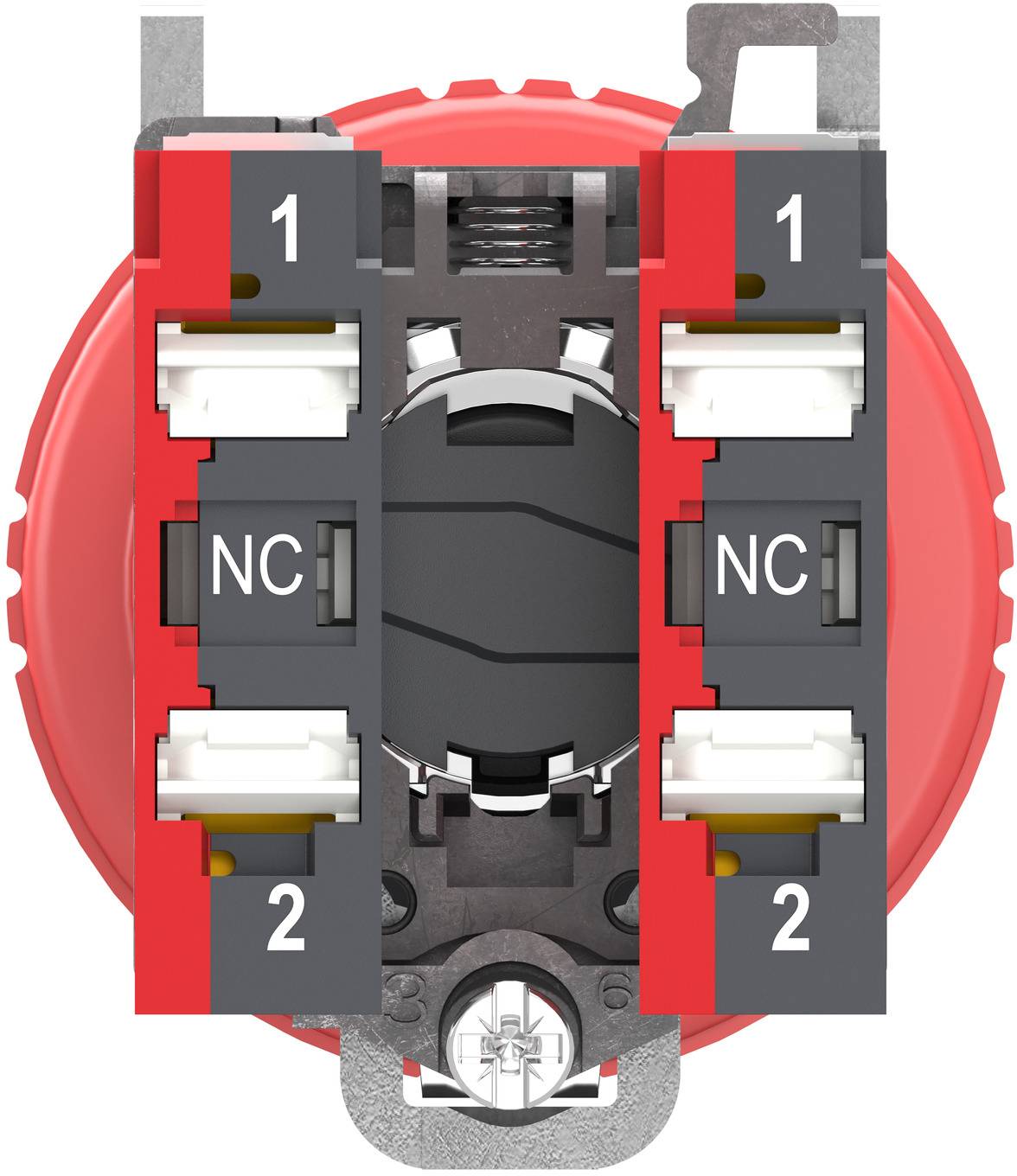 Diagramm eines roten Notfall-Druckschalters mit zwei gespiegelten Kontaktblöcken, die mit 1, NC und 2 um den zentralen Betätiger gekennzeichnet sind.