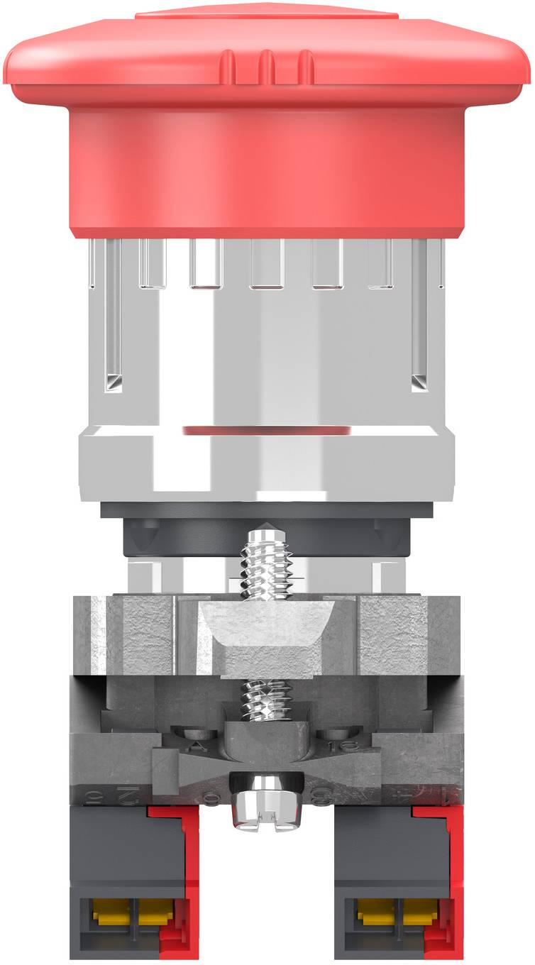 Querschnitt eines rot gekappten Elektrosteckers mit sichtbaren inneren Metallkontakten und einer zentralen Schraubklemmen-baugruppe.