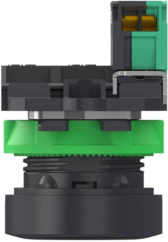 Nahaufnahme eines schwarzen und grünen Industrie-Sensors oder Steckermoduls mit seitlich angebrachtem Kabel-/Klemmenblock.