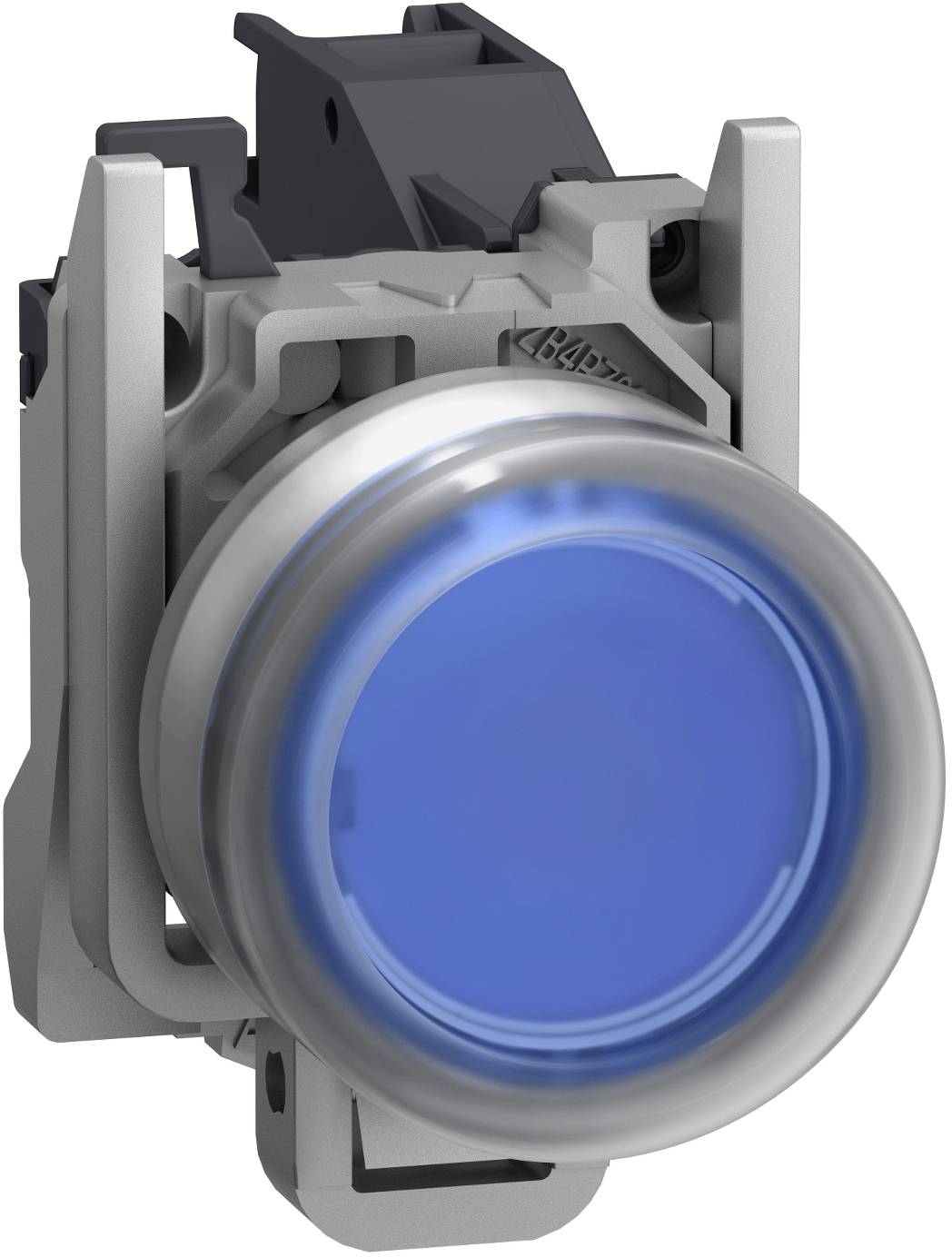 Nahaufnahme eines blau beleuchteten Druckschalters in einem grauen Industriegehäuse.