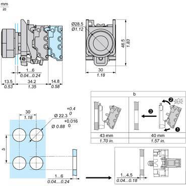Technische Maßstabzeichnung einer mechanischen Komponente, zeigt Seiten-, Front- und Montageansichten mit Abmessungen in mm und Zoll.