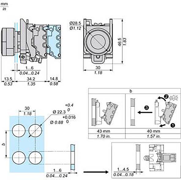 Technische bemaßte Zeichnung eines mechanischen Verbinders/Blocks mit Seiten-, Vorder-, Draufsicht und Montageansichten, mit mm- und Zoll-Bemaßungen sowie Lochabständen.