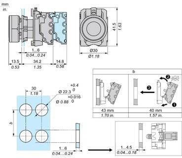 Technische Zeichnung eines mechanischen Steckers mit Seiten-, Front- und Montageansichten mit Millimeter- und Zollmaßstäben, Lochabständen und Montageschritten.