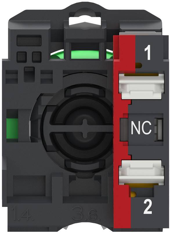 Nahaufnahme eines schwarzroten elektrischen Steckerterminal-Blocks mit den Bezeichnungen 1, NC und 2.