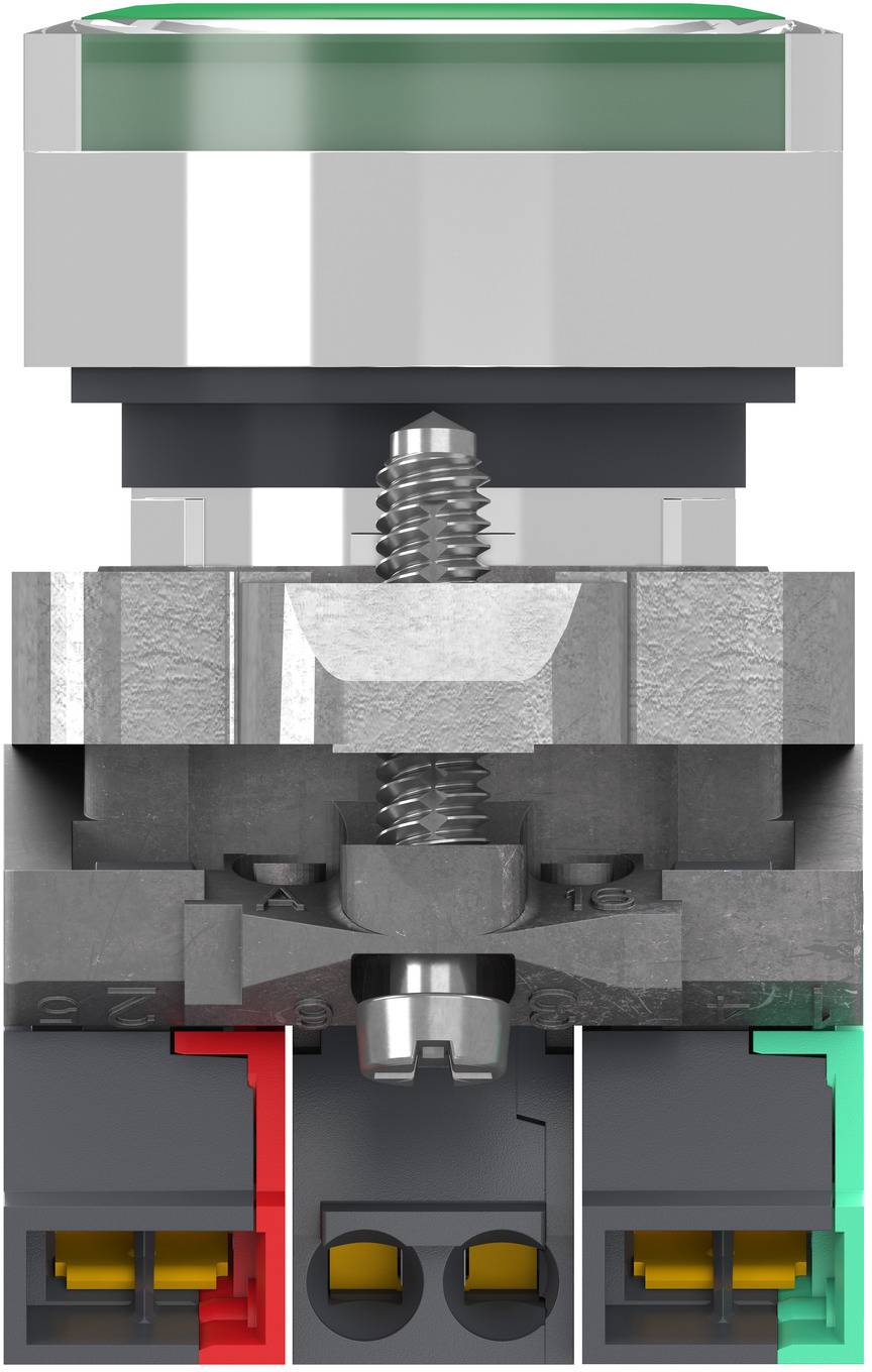 Querschnitt einer mechanischen Steckerverbindung mit innerer Schraube und Anschllusskontakten, wobei rote und grüne Seitenbereiche unterschiedliche Verbindungsbereiche kennzeichnen.
