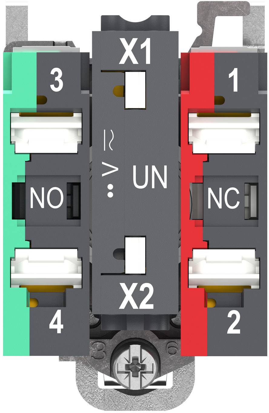 Elektroschaltermodul mit Anschlussbezeichnungen X1, X2, NO, NC und nummerierten Kontakten 1, 2, 3, 4.