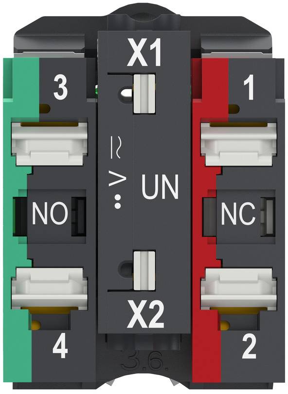 Elektrisches Anschlussleistenfeld mit den Bezeichnungen X1 und X2, mit vier nummerierten Kontakten: 3 und 4 auf der linken Seite mit der Kennzeichnung NO, 1 und 2 auf der rechten Seite mit der Kennzeichnung NC, und UN in der Mitte.