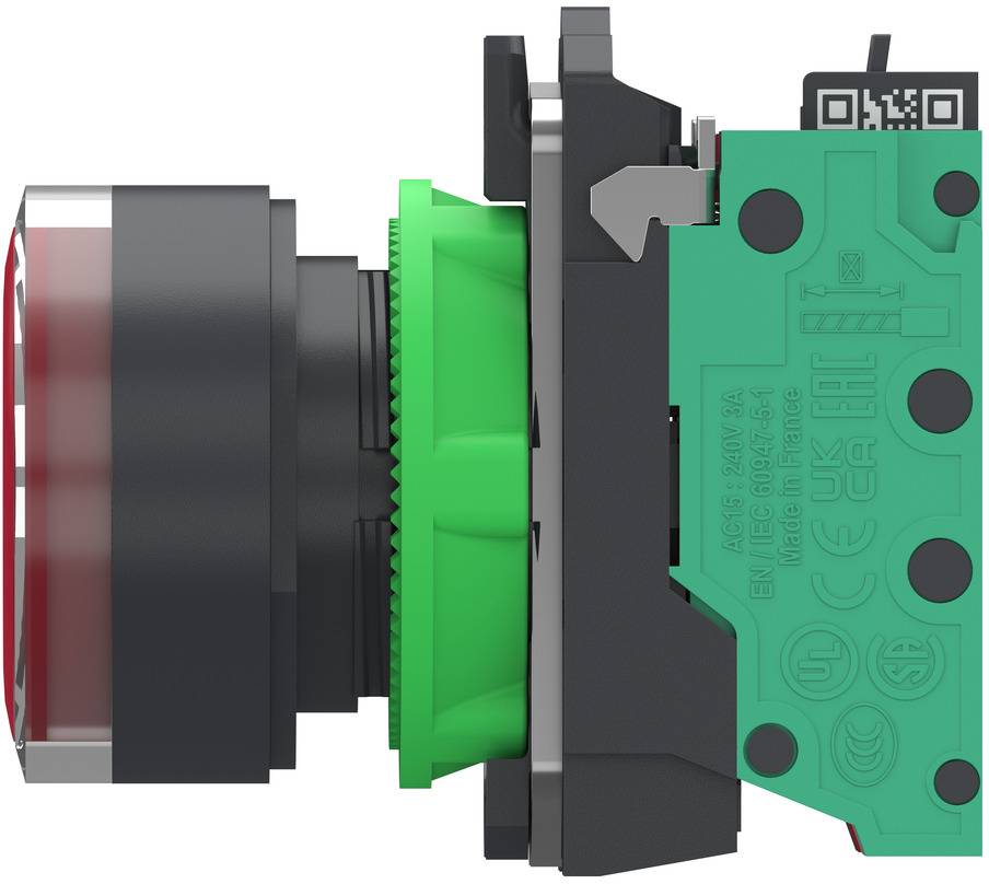 Seitenansicht einer industriellen Druckknopf- oder Schalteranordnung mit rotem Linsenelement, grünem Bezel und türkisfarbenem Gehäuse auf der Rückseite.