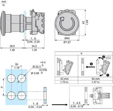Technische Maßzeichnung eines zylindrischen Steckverbinderbauteils mit Vorder-, Seiten- und Montagenansichten, die Abmessungen in mm und Zoll sowie Montagerichtungspfeile zeigen.