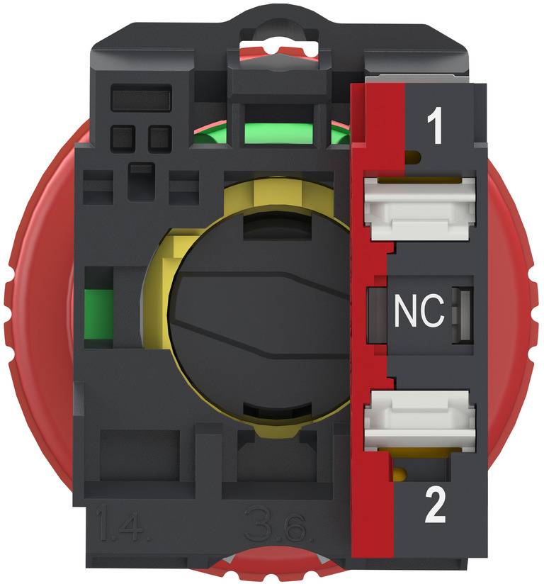 Nahaufnahme eines schwarz-roten elektrischen Schaltkontaktblocks mit Anschlüssen mit den Bezeichnungen 1, NC und 2.