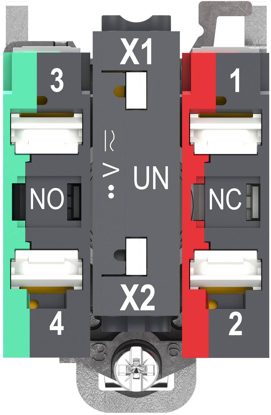 Nahaufnahme eines elektrischen Schaltkontaktblocks mit den Bezeichnungen X1 und X2, mit den Anschlüssen 1, 2, 3 und 4 sowie Markierungen für Öffner-/Schließerkontakte.