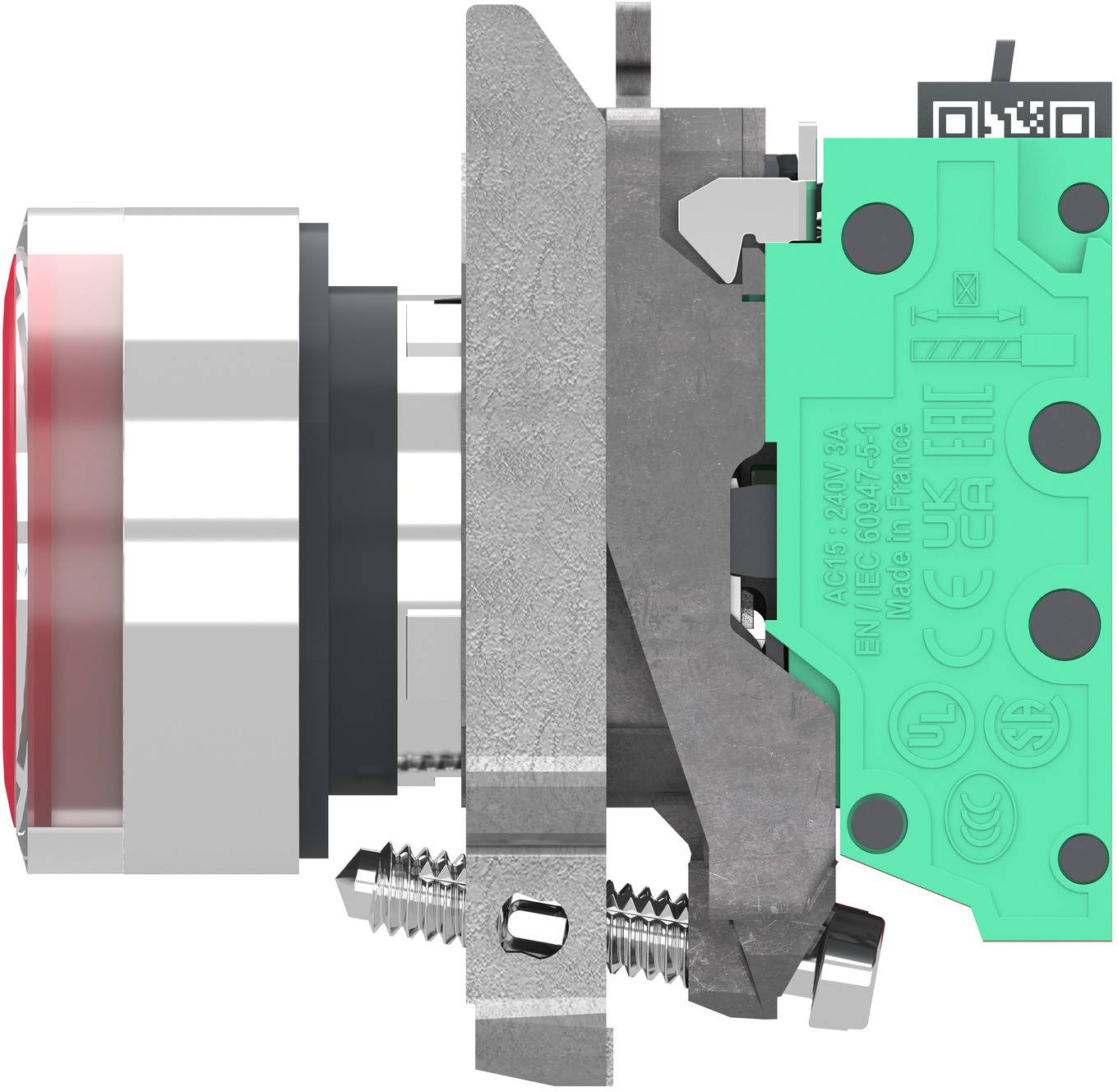 Industrieller Sensor oder Grenzschalter in Seitenansicht, mit metallischem Betätigerkörper und grüner Leiterplatte, die mit einem zylindrischen Gehäuse verbunden ist.