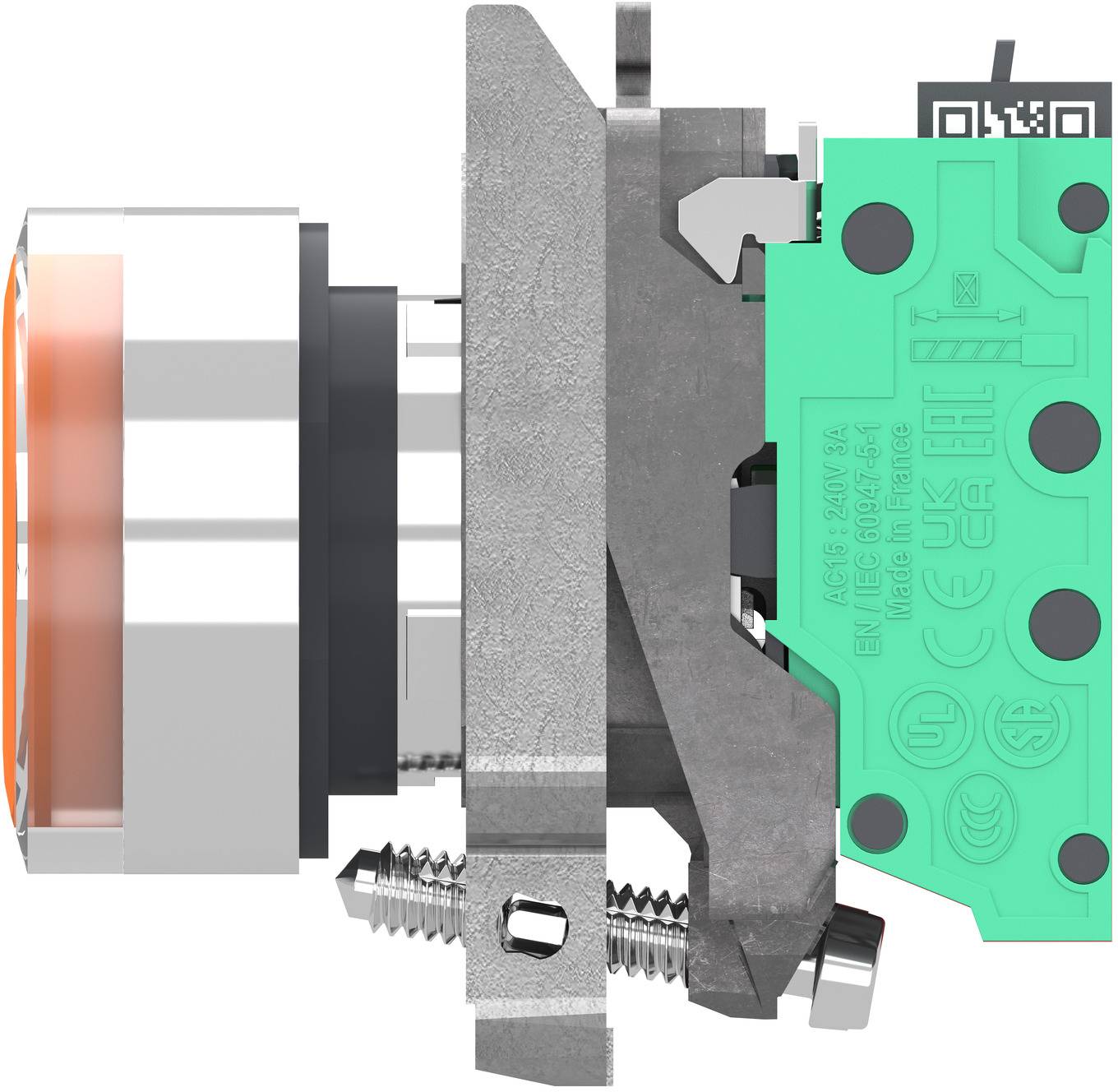 Nahaufnahme einer industriellen Sensor- oder Schaltereinheit mit einer roten Linse, einer Metallmontageklammer und einer grünen elektronischen Leiterplatte.