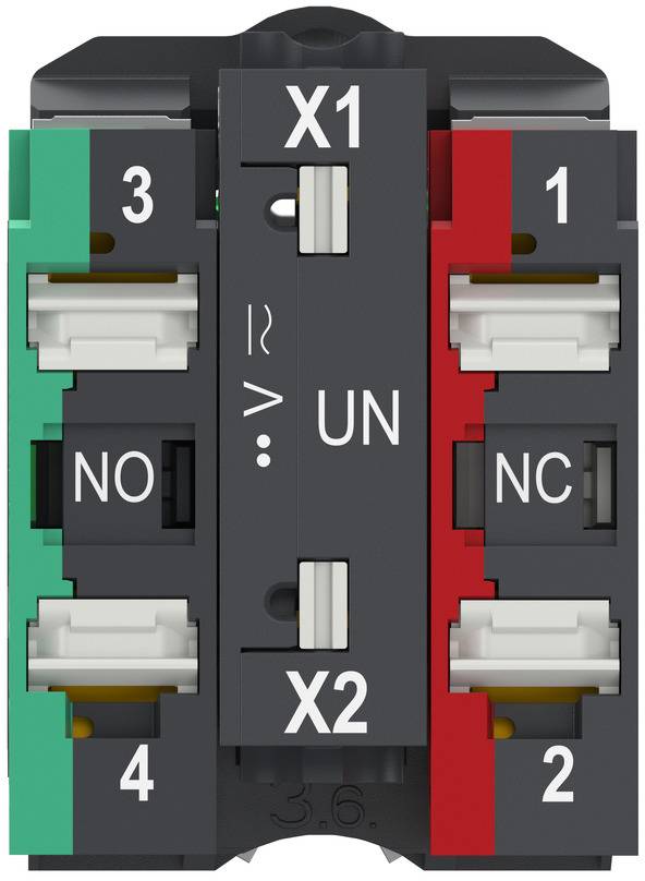 Nahaufnahme einer Klemmleiste/eines Steckers mit der Bezeichnung X1 und X2, mit nummerierten Anschlüssen 1-4 und NO/NC-Markierungen auf farbcodierten Seiten.