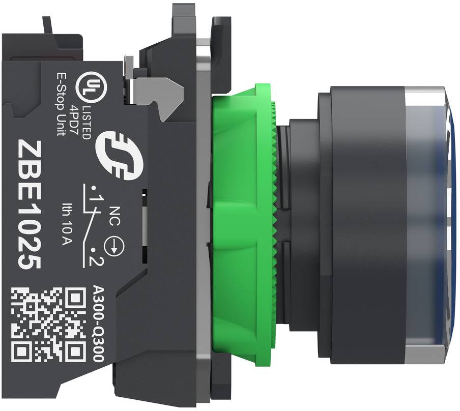 Industrieller Druckschalter mit schwarzem Gehäuse, grünem Kragen und silbernem Knopf, gekennzeichnet mit ZBE1025 mit elektrischen Bewertungen und einem QR-Code.