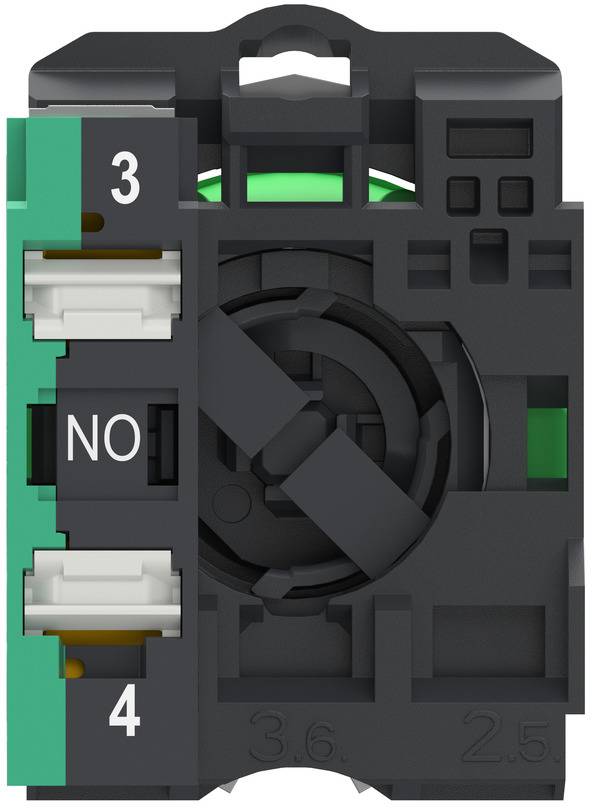 Nahaufnahme eines elektrischen Klemmblocks mit nummerierten Anschlüssen 3 und 4 und einem zentralen schwarzen Drehschalter, gezeigt auf weißem Hintergrund.