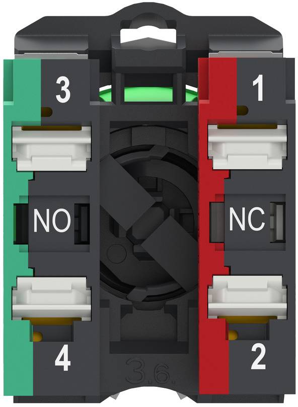 Nahaufnahme eines schwarzen elektrischen Schalterkontaktblocks mit Beschriftung 1-4, der NO- und NC-Anschlüsse mit grünen und roten Seiten zeigt.
