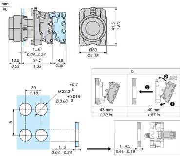 Technische Maßzeichnung eines mechanischen Steckers/Ventils mit Seiten-, Front- und Montagansichten mit metrischen und Zollmaßen, einschließlich Lochrastung und Teilelängen.