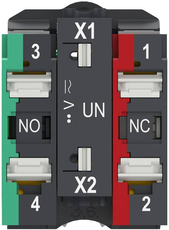Nahaufnahme eines gekennzeichneten Elektroklemmenblocks mit X1 und X2 in der Mitte, Nummern 1 bis 4 an den Seiten und NO/NC-Kontaktmarkierungen.