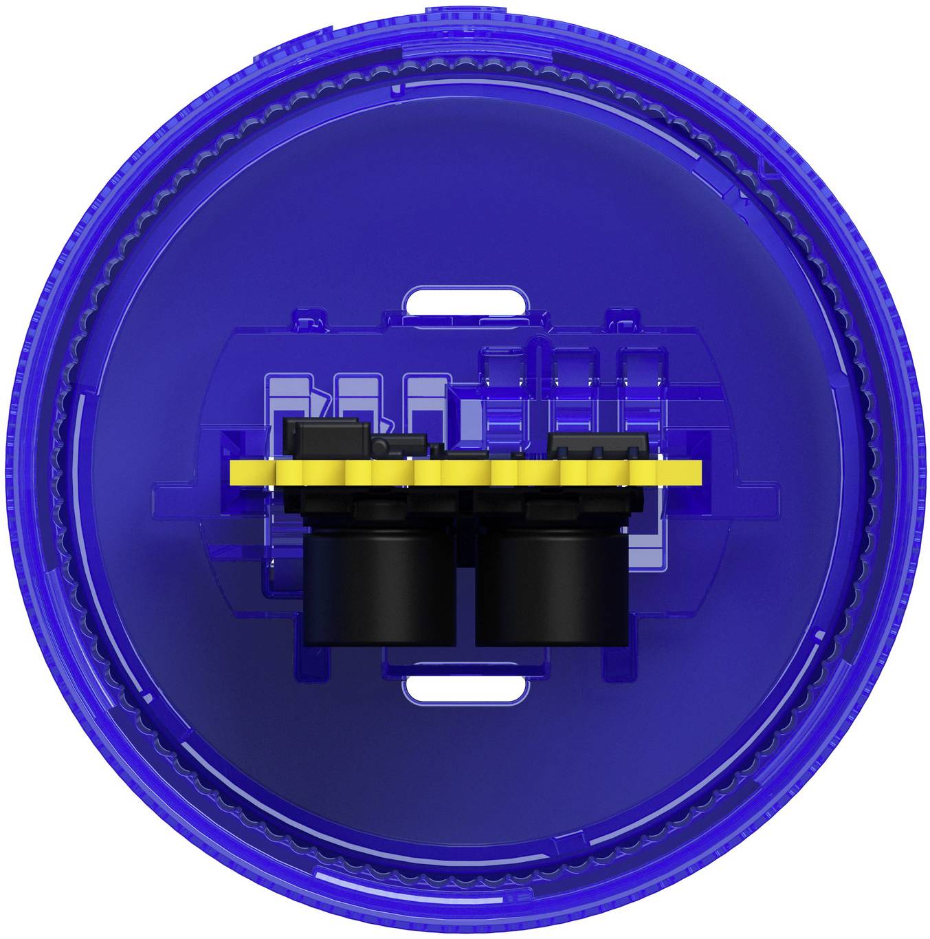 Draufsicht auf das Innere einer blauen kreisförmigen Batteriezelle mit zwei schwarzen zylindrischen Zellen und einer gelben Steckverbinderstange, was auf ein EV-Batteriemodell hindeutet.
