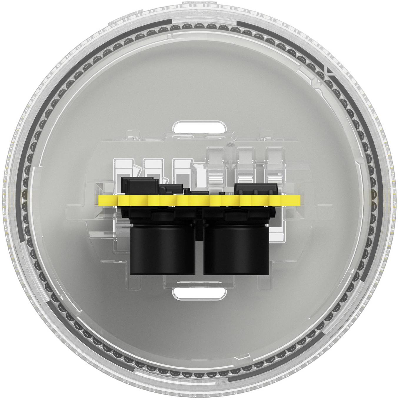 Draufsicht einer kreisförmigen elektronischen Komponente mit einer zentralen schwarzen Steckeranlage und einem gelben Ausrichtungsstreifen in einem durchscheinenden runden Gehäuse.