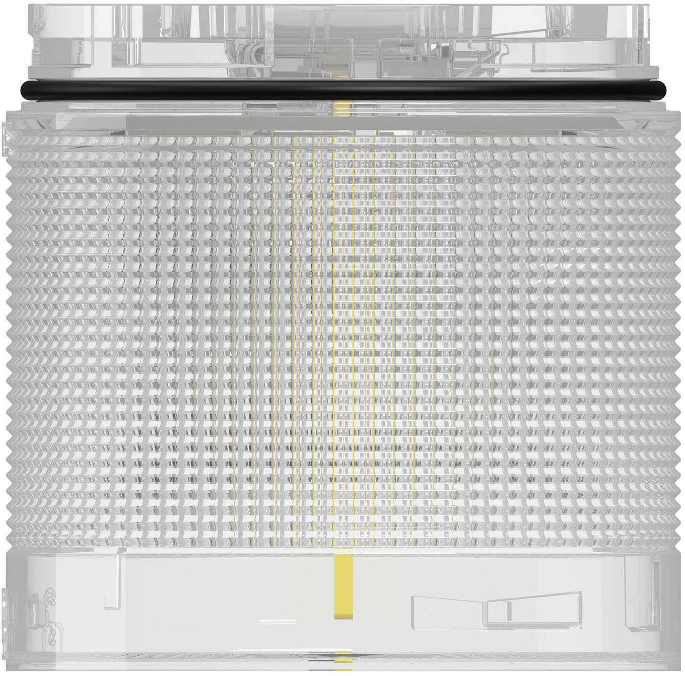 Transparente zylindrische elektronische Komponente mit einer netzartigen äußeren Schicht und einem gelben vertikalen Streifen, gezeigt in Nahaufnahme auf weißem Hintergrund.
