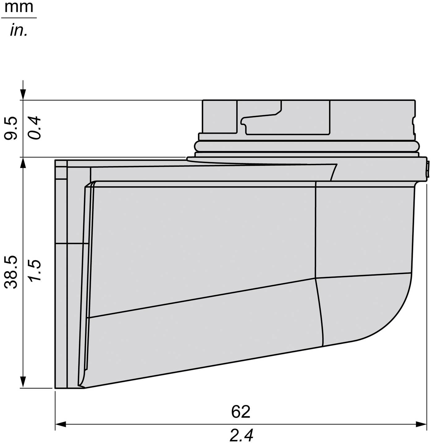 Technische Seitenansicht-Zeichnung eines mechanischen Teils mit Abmessungen, die in mm und in. beschriftet sind, mit einer Länge von 62 mm, einer Höhe von 38,5 mm und einem oberen Abschnitt von 9,5 mm.