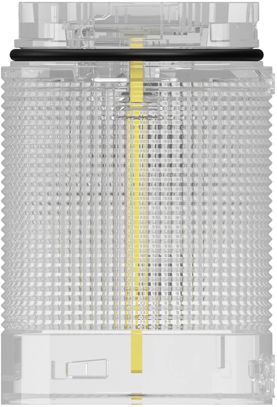 Transparentes zylindrisches Gerät mit einem gelben mittleren Streifen, dargestellt als detailliertes Produktrendering auf weißem Hintergrund.