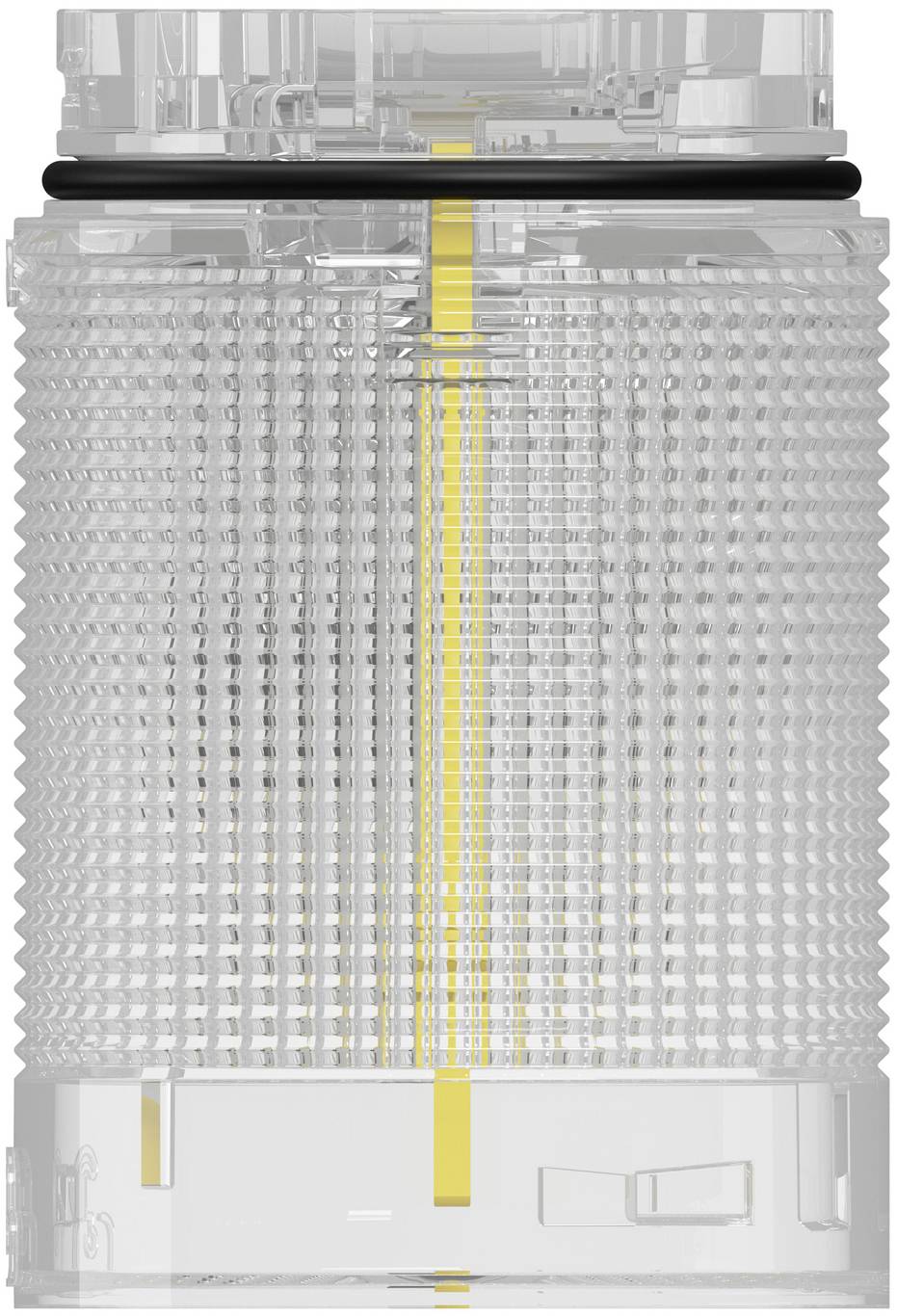 Transparente zylindrische LED-Signalleuchte mit schwarzem oberen Ring und gelbem mittlerem Lichtstreifen in einer gerippten klaren Linse.