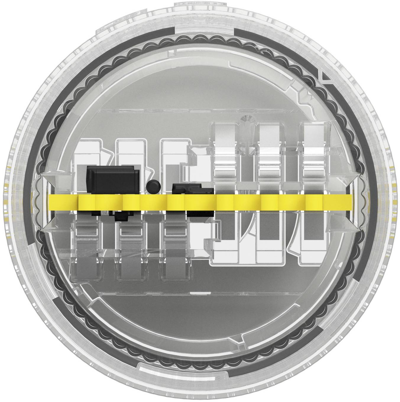 Querschnitt eines runden mechanischen Verbinders oder Steckers mit inneren Teilen, die horizontal ausgerichtet sind und ein gelbes Band in der Mitte aufweisen.
