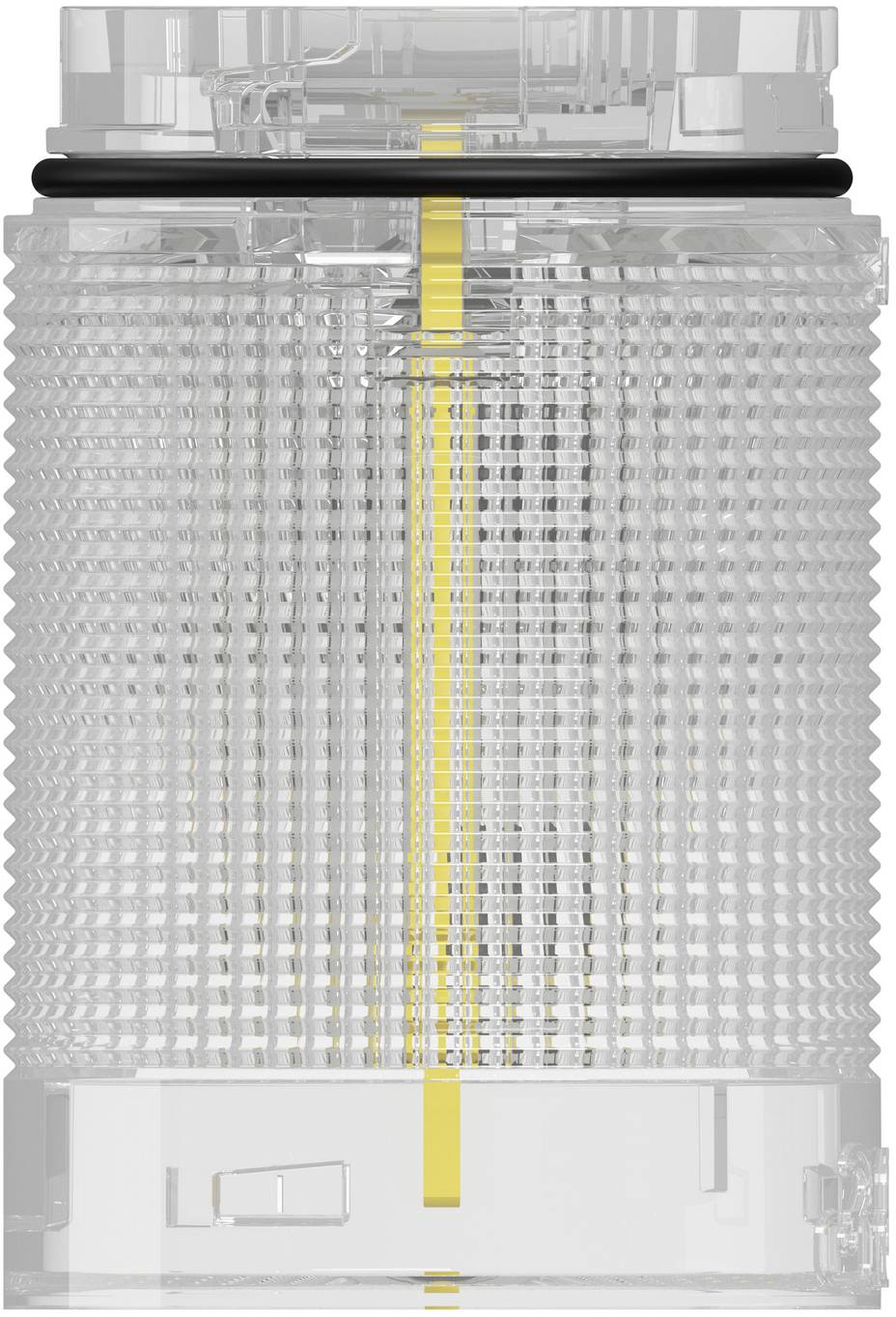 Durchsichtige zylindrische Patrone mit strukturierten Seiten und einem gelben mittleren Streifen, Frontansicht auf weißem Hintergrund dargestellt.