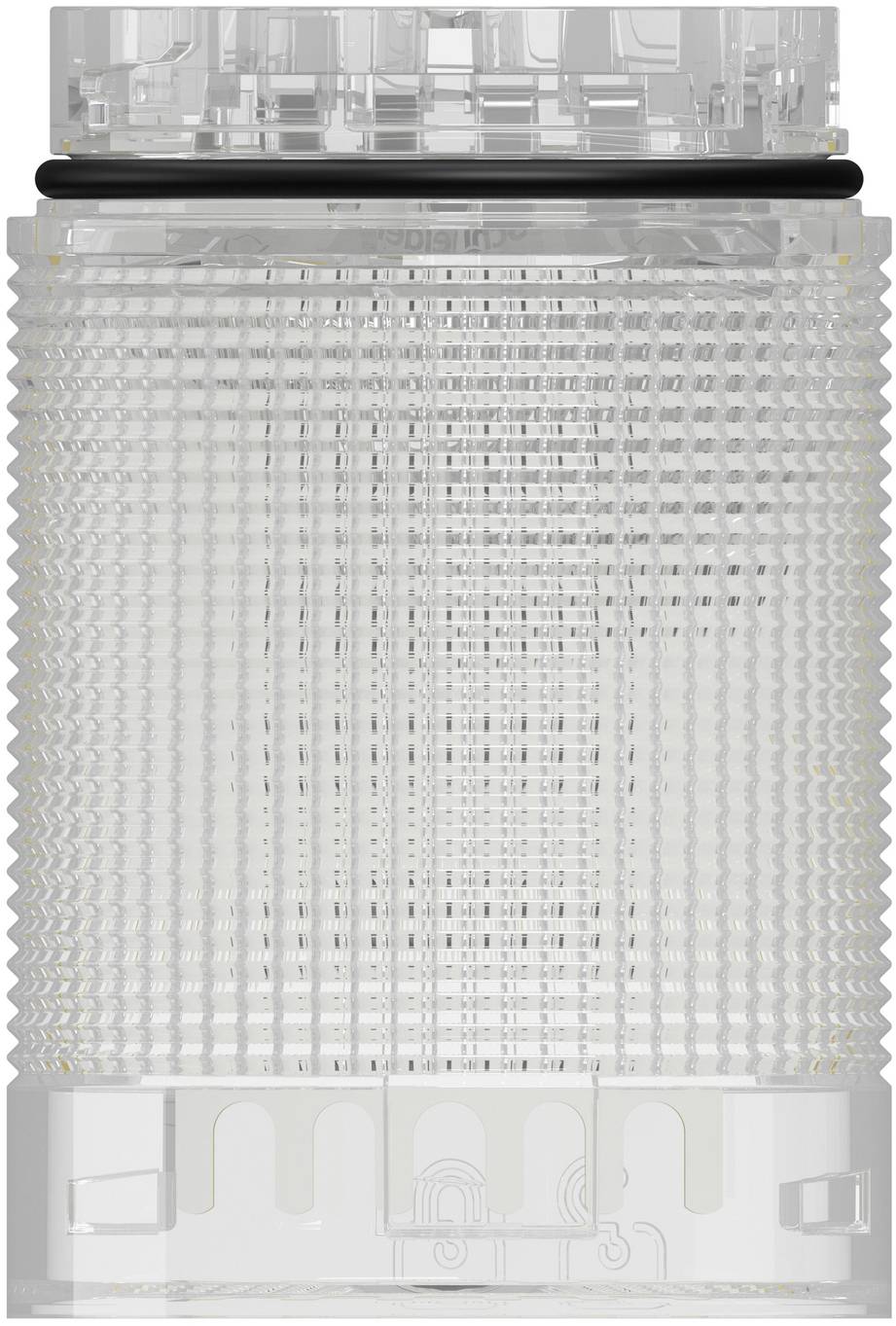 Durchsichtige gerippter zylindrischer Kunststoffbehälter mit transparentem Deckel und weißer Basis, Vorderansicht auf einfachem Hintergrund.