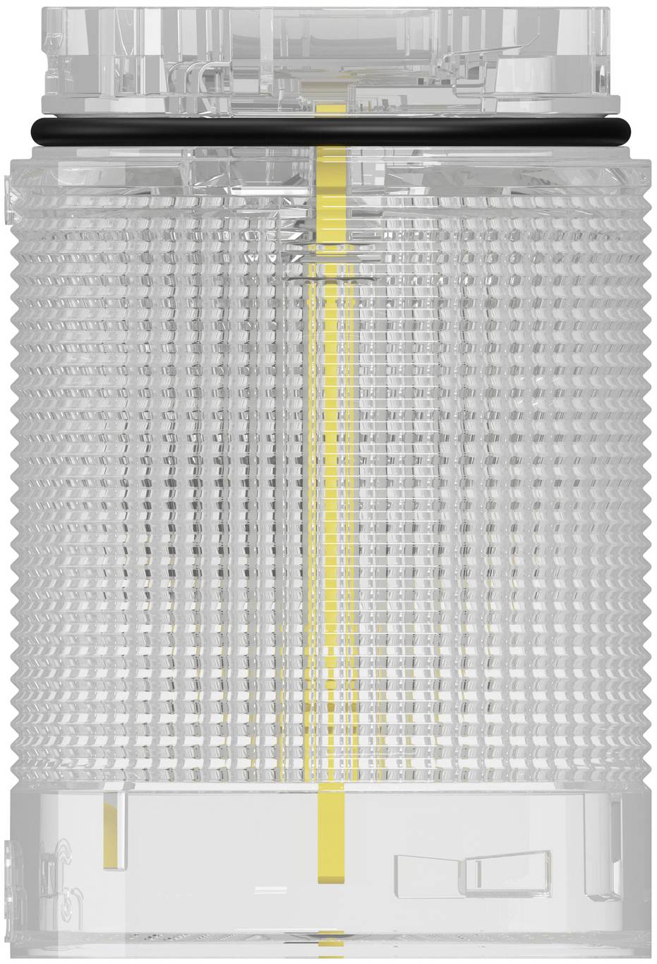 Durchscheinende zylindrische elektronische Komponente mit einem gelben vertikalen Streifen im Inneren und einem schwarzen Band in der Nähe der Oberseite, dargestellt vor weißem Hintergrund.
