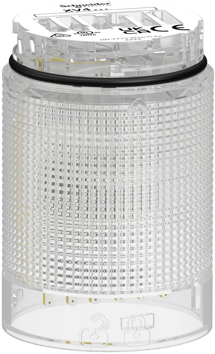 Klare zylindrische LED-Signalleuchte mit strukturierter Linse und Verriegelungs-/Entriegelungssymbolen auf der Basis.