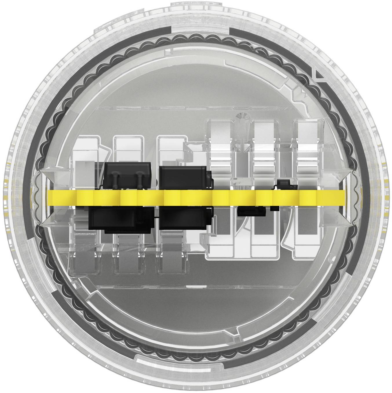 Querschnitt einer kreisförmigen mechanischen Vorrichtung mit internen Komponenten, die um eine zentrale gelbe Welle oder einen zentralen gelben Balken angeordnet sind.