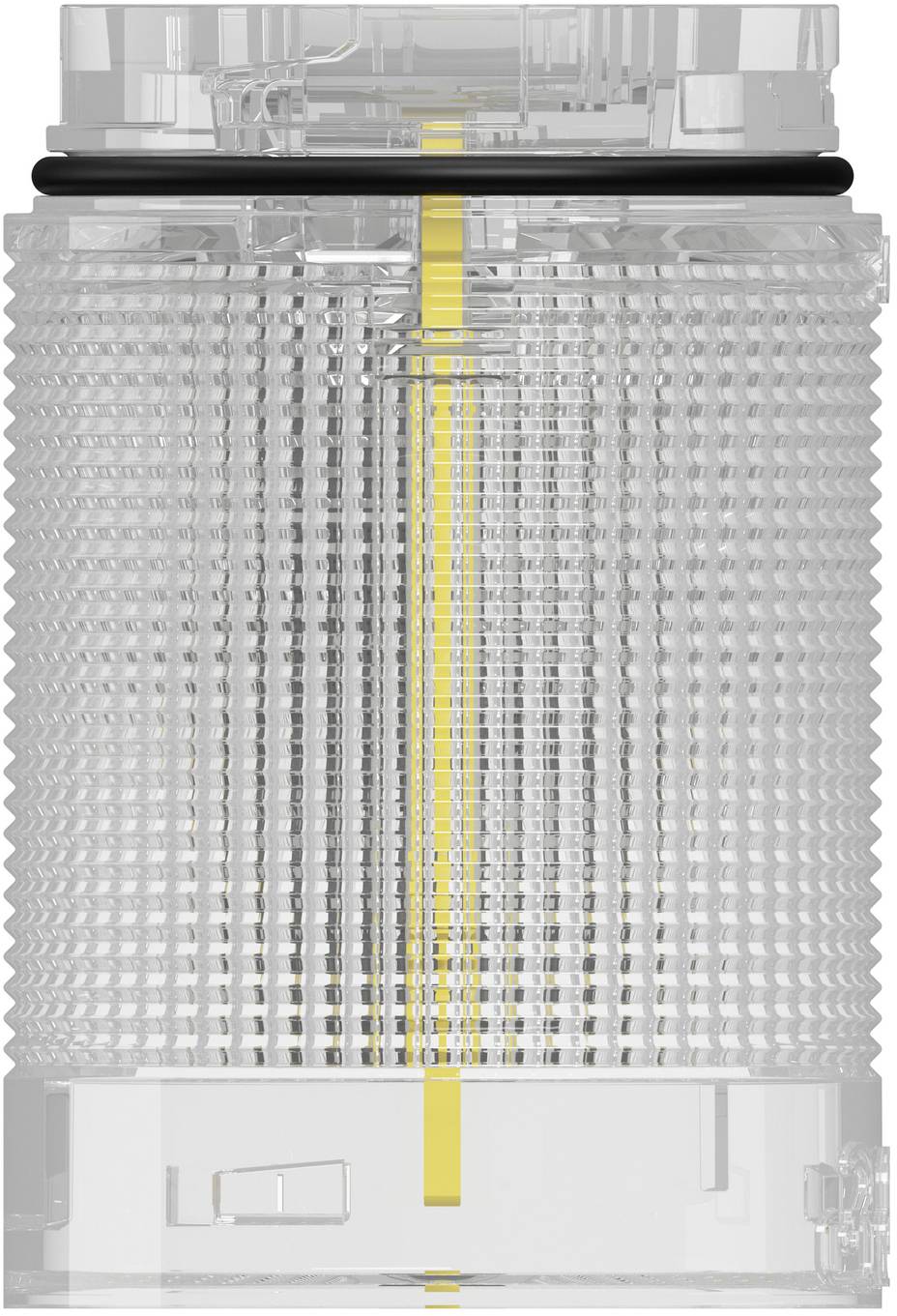 Transparentes zylindrisches LED-Leuchtmodul mit einem zentralen gelben Streifen und klarem gerilltem Körper, Frontansicht auf weißem Hintergrund
