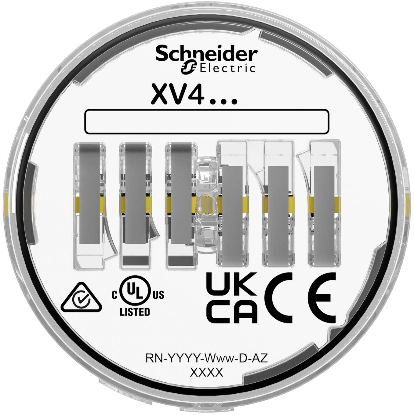 Schneider Electric XV4... Produktetikett mit einer beleuchteten industriellen Anzeigeeinheit mit mehreren transparenten Modulen und Zertifizierungsmarken, einschließlich UKCA, CE, UL und C-Tick.