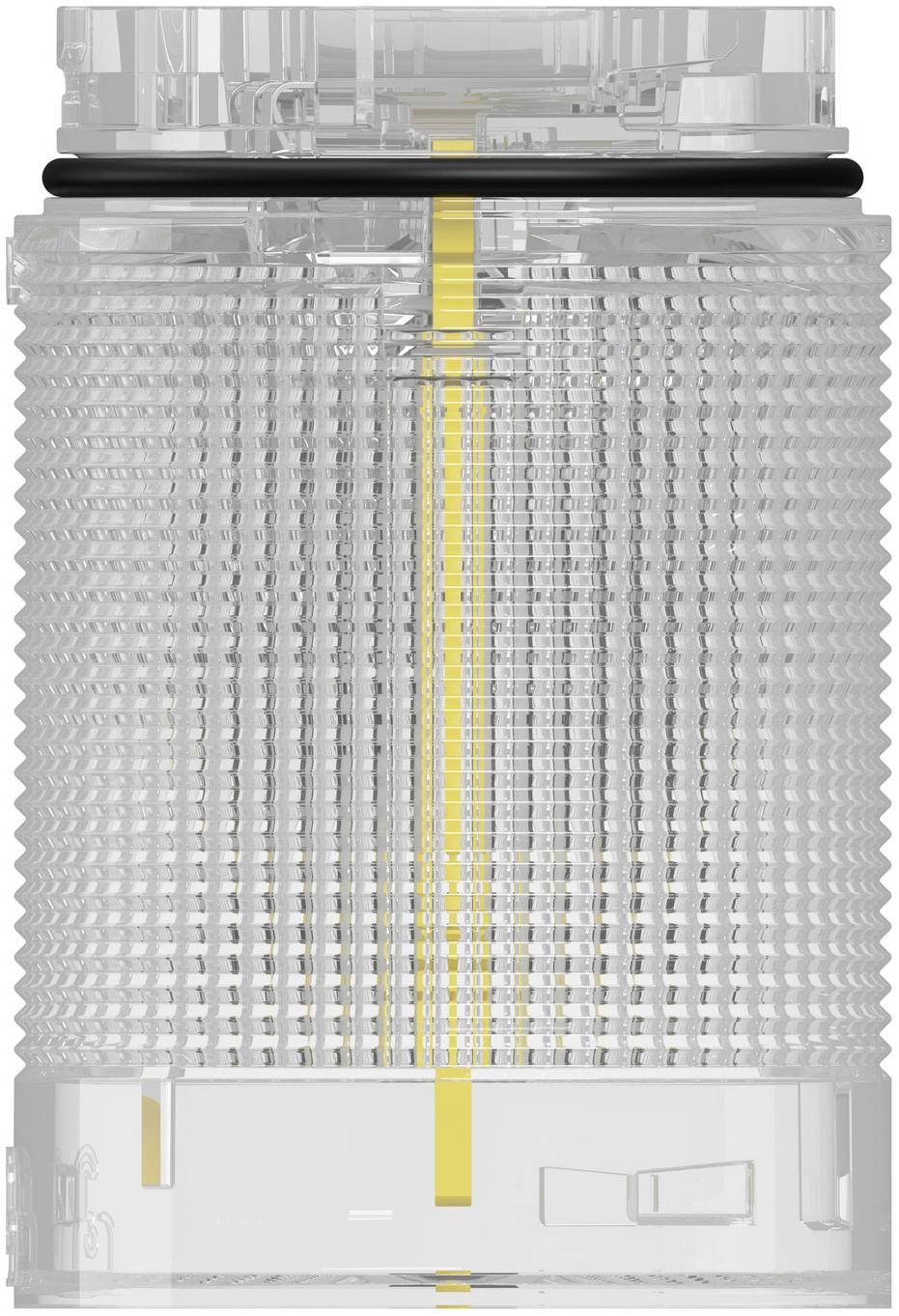 Nahaufnahme eines transparenten zylindrischen Geräts mit einem schwarzen oberen Ring und einem vertikal verlaufenden gelben Streifen in der Mitte.