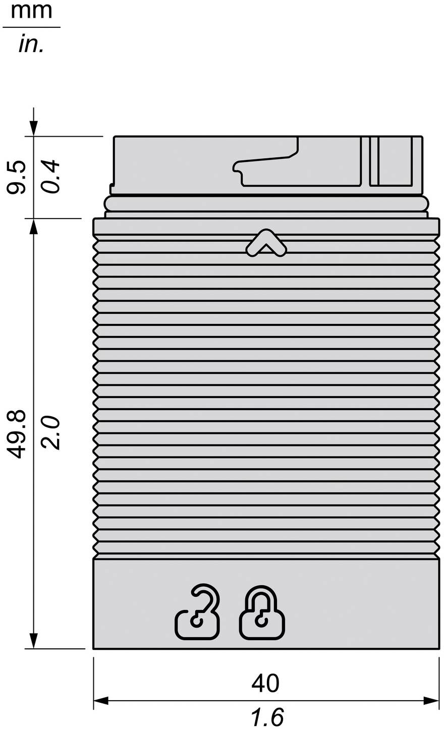 Technische Maßzeichnung einer zylindrischen Gewindekomponente mit einer Höhe von 49,8 mm (2,0 Zoll), oberer Abschnitt 9,5 mm (0,4 Zoll) und einer Breite von 40 mm (1,6 Zoll).