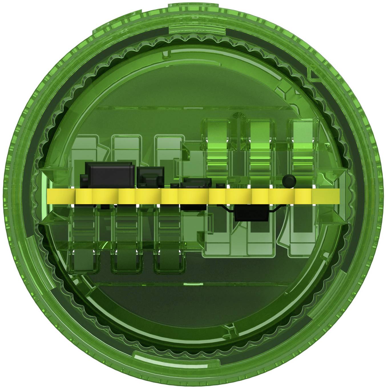 Grünes Kreissymbol, das ein durchscheinendes mechanisches zahnradähnliches Gerät mit einem gelben horizontalen Balken und dunklen Blöcken in der Mitte zeigt.