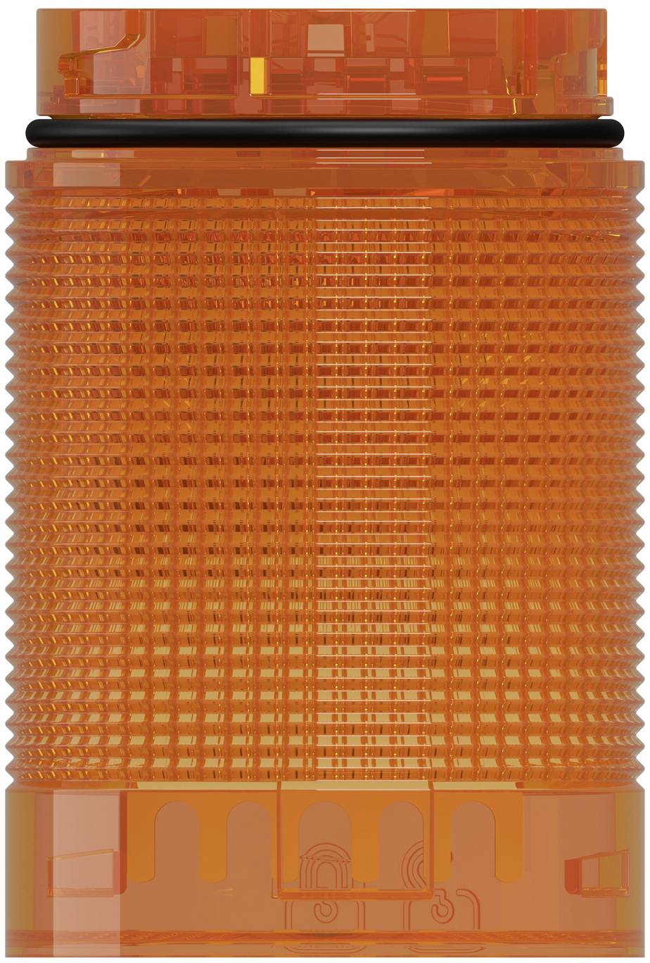 Orange geripptes zylindrisches Warnebeleuchtungslicht mit schwarzer Dichtung, auf weißem Hintergrund dargestellt.