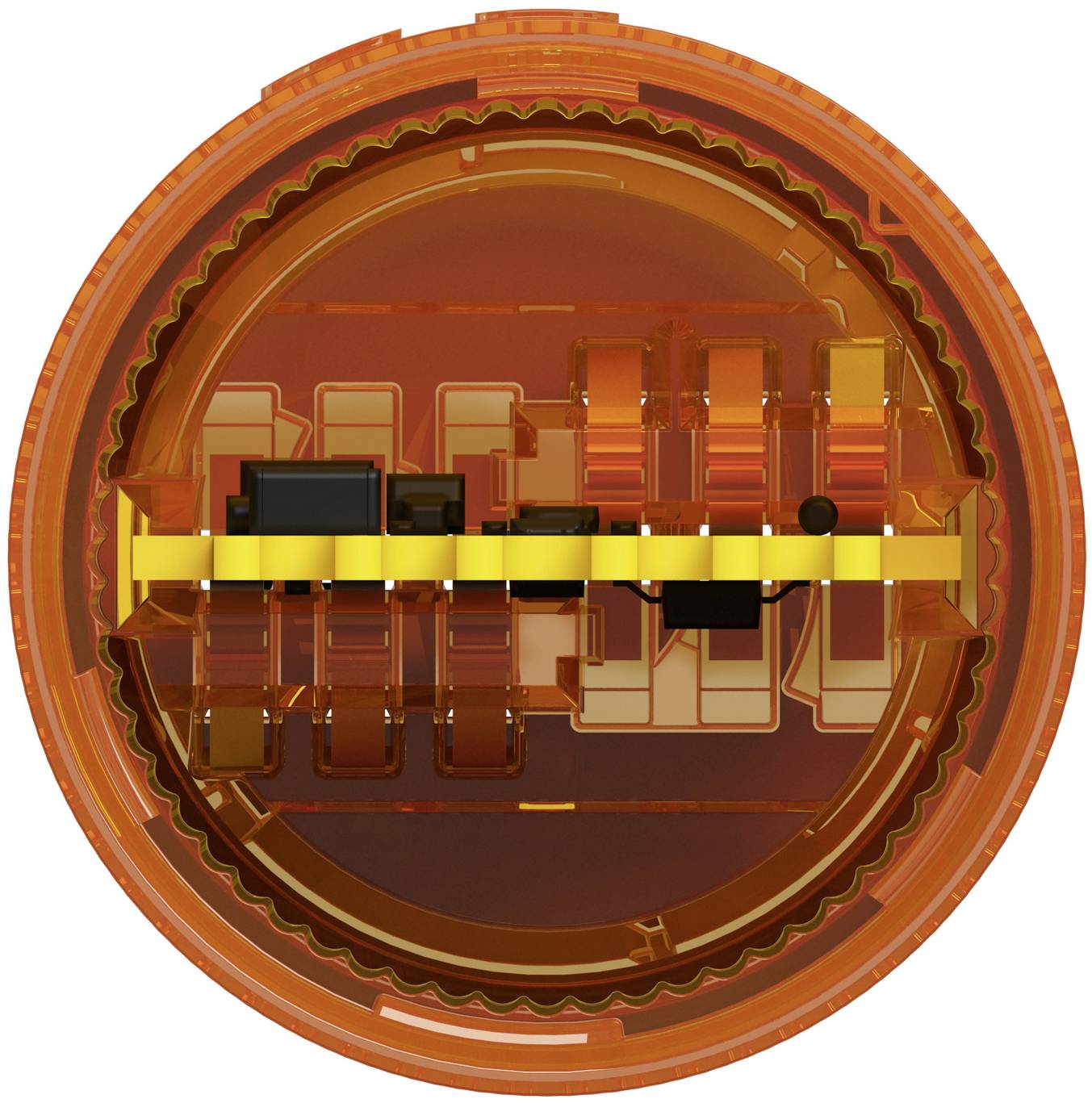 Orange kreisförmiger mechanischer Querschnitt mit geschichteten inneren Komponenten und einem horizontalen gelben Balken durch die Mitte