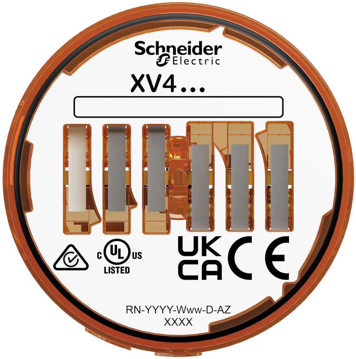 Nahaufnahme eines Schneider Electric XV4... Geräteetikett eines Industriegeräts mit Zertifizierungslogos und Modellcode RN-YYYY-Www-D-AZ XXXX.