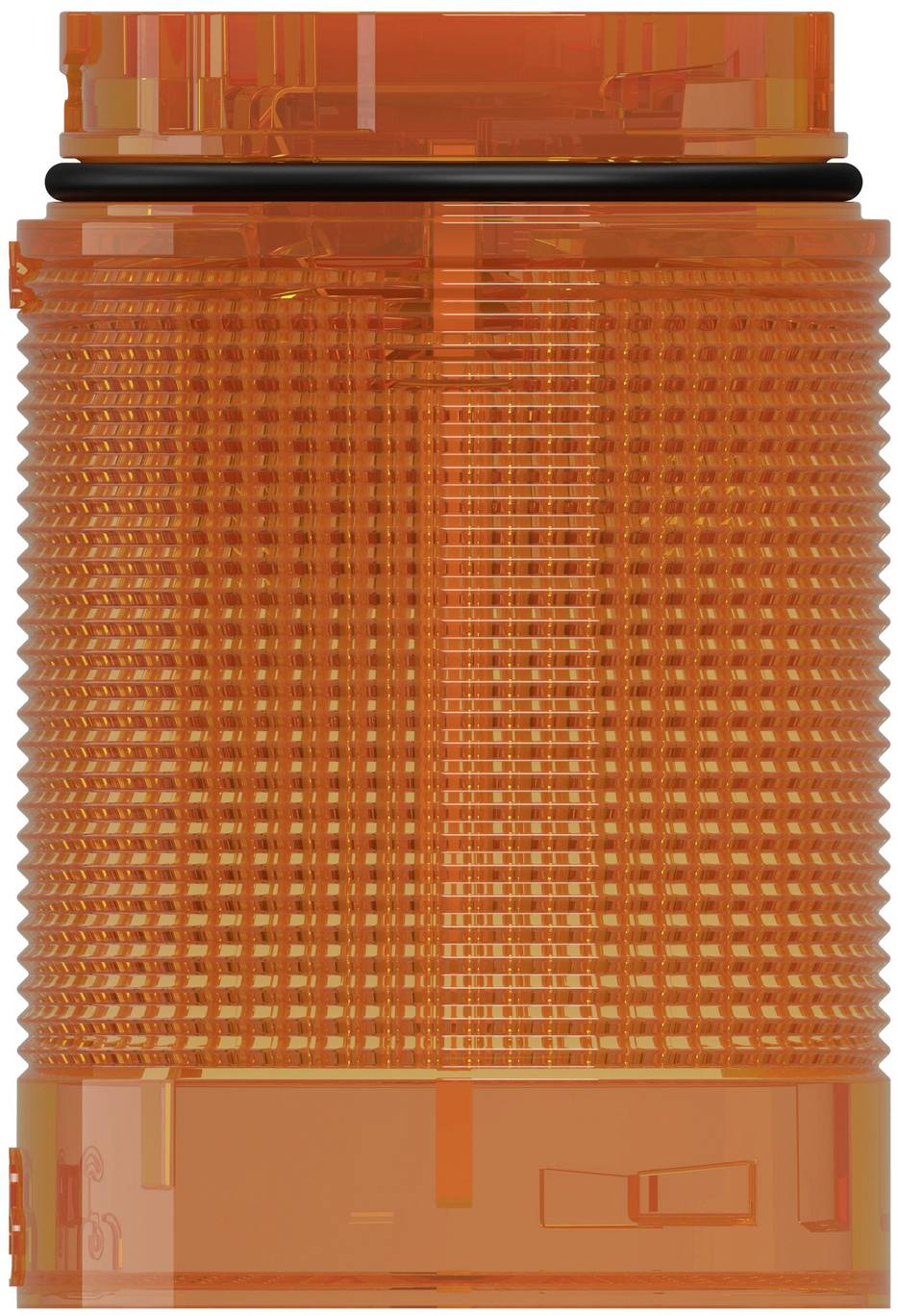 Orange durchscheinende gerippte zylindrische Warnleuchte mit schwarzem Band und flacher Ober- und Unterseite, vor weißem Hintergrund dargestellt.
