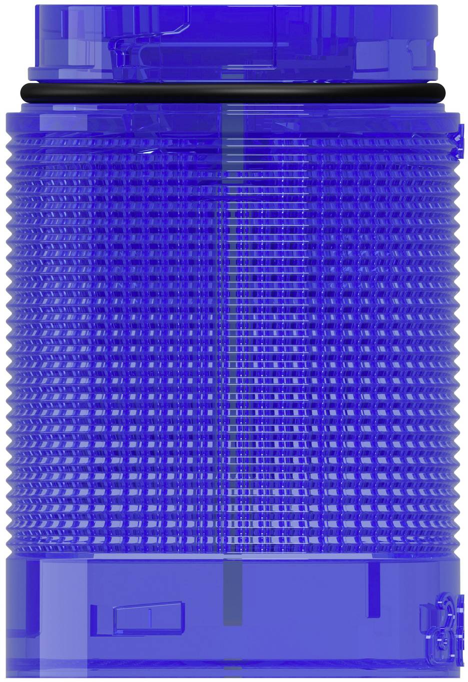 Blaugrüne durchscheinende Plastikflasche oder Behälter mit gerillten Seiten und einer Schraubkappe, isoliert auf weißem Hintergrund dargestellt.