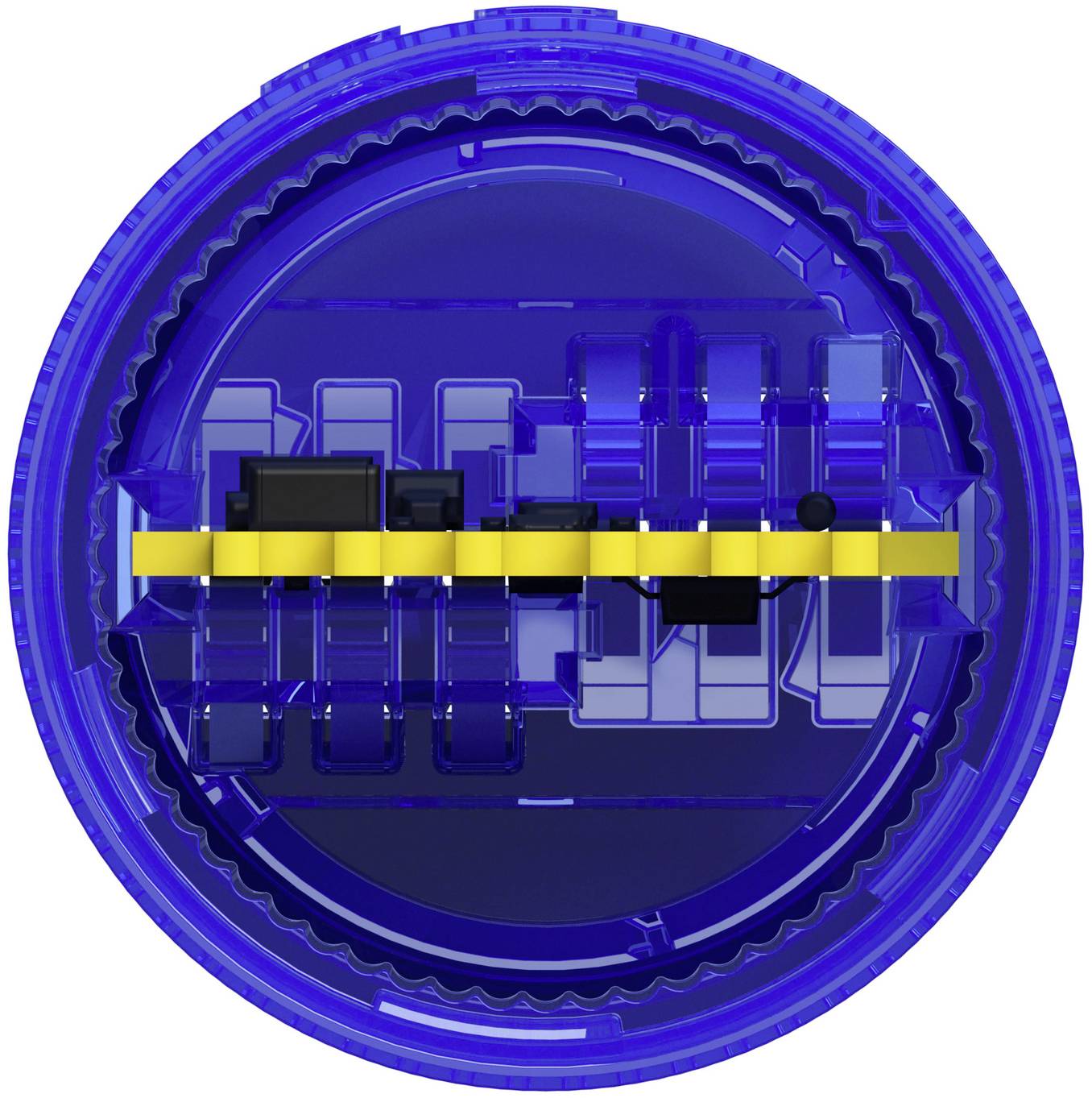 Blaue runde mechanische Vorrichtung mit einer horizontalen gelben Stange und schwarzen Komponenten innen, dargestellt als technische Illustration auf weißem Hintergrund.