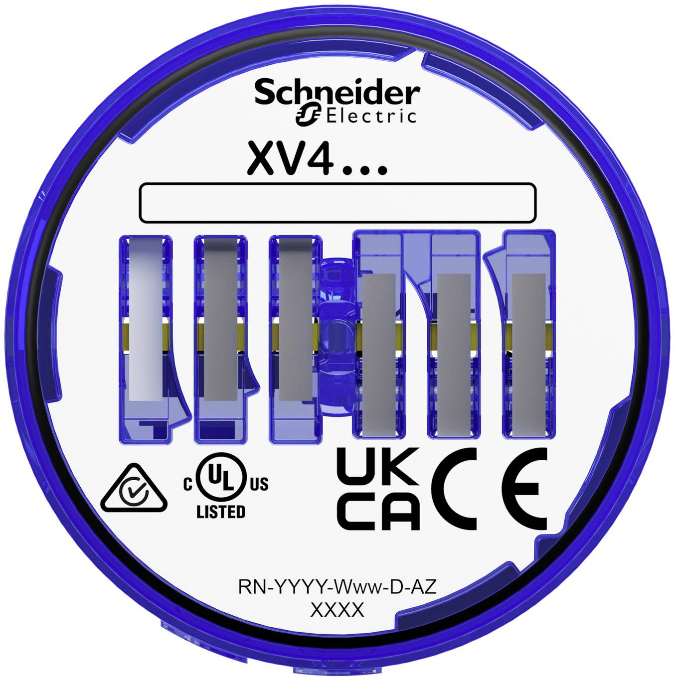Schneider Electric XV4 Industrielles Steuermodul-Etikett, das Modell 'XV4...' mit UL-, UKCA- und CE-Zertifizierungszeichen anzeigt.