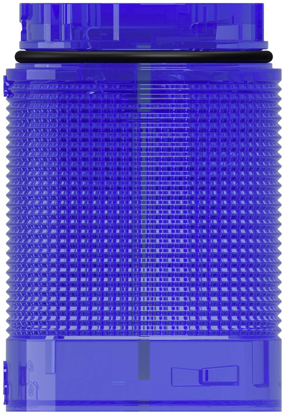 Blaue durchscheinende gerippte Kunststoffflasche oder -glas mit Schraubverschluss, vor weißem Hintergrund dargestellt