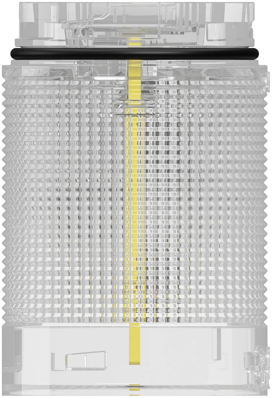 Nahaufnahme eines transparenten zylindrischen Behälters mit einem gelben vertikalen Streifen in der Mitte und einem schwarzen Ring in der Nähe der Oberseite.